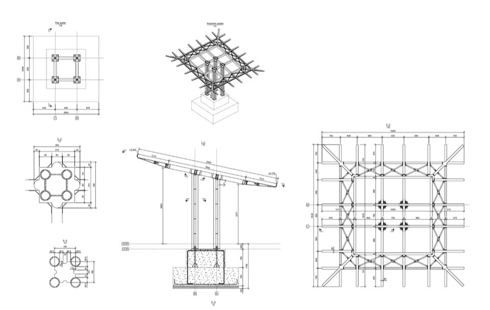 Plan tehnic carport solar — secțiuni și fundație
